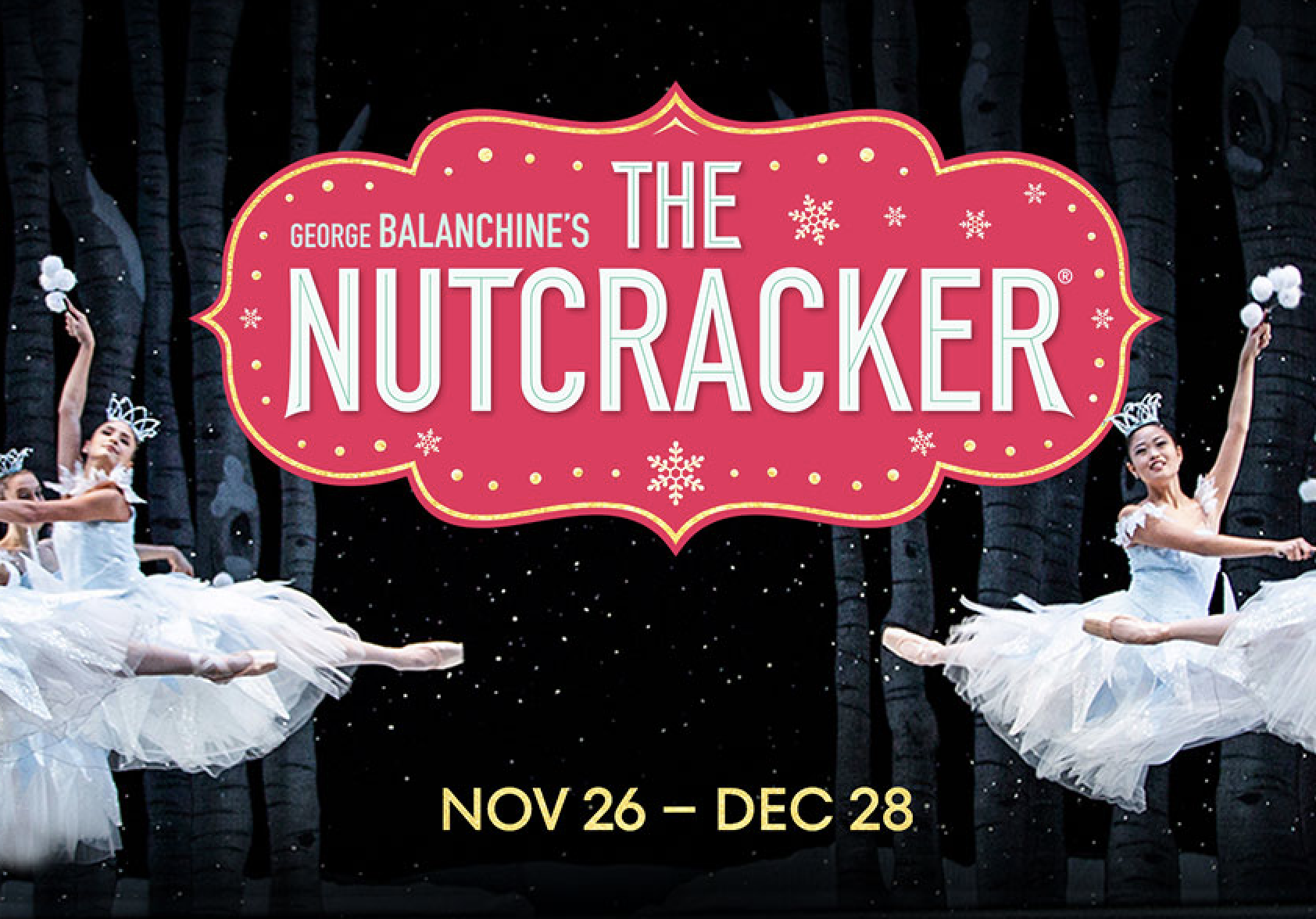 A digital sign for PNB's Nutcracker with dancers in the background and a red seal